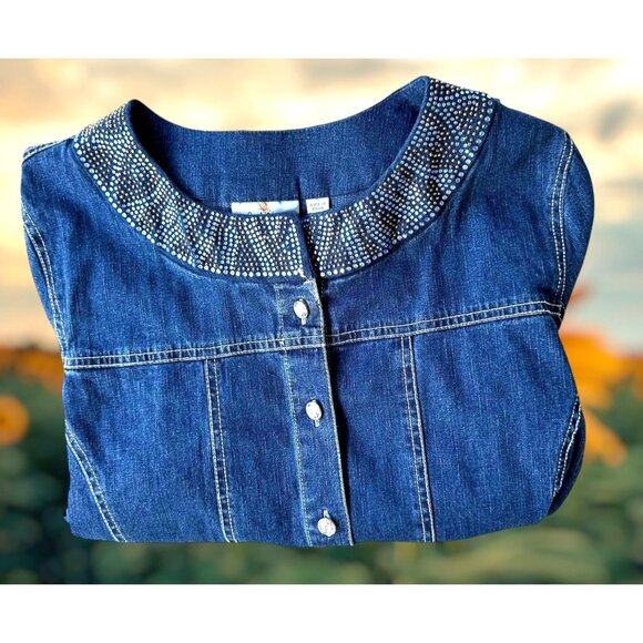Vintage Quacker Factory Jean Jacket Large Blue Denim Embellished Front B… - Picture 5 of 12
